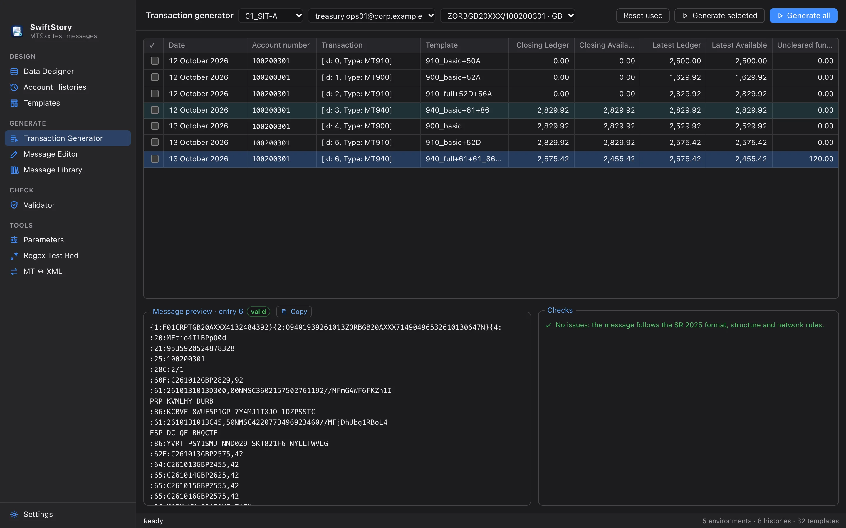 The transaction generator listing an account's history with balances and a message preview