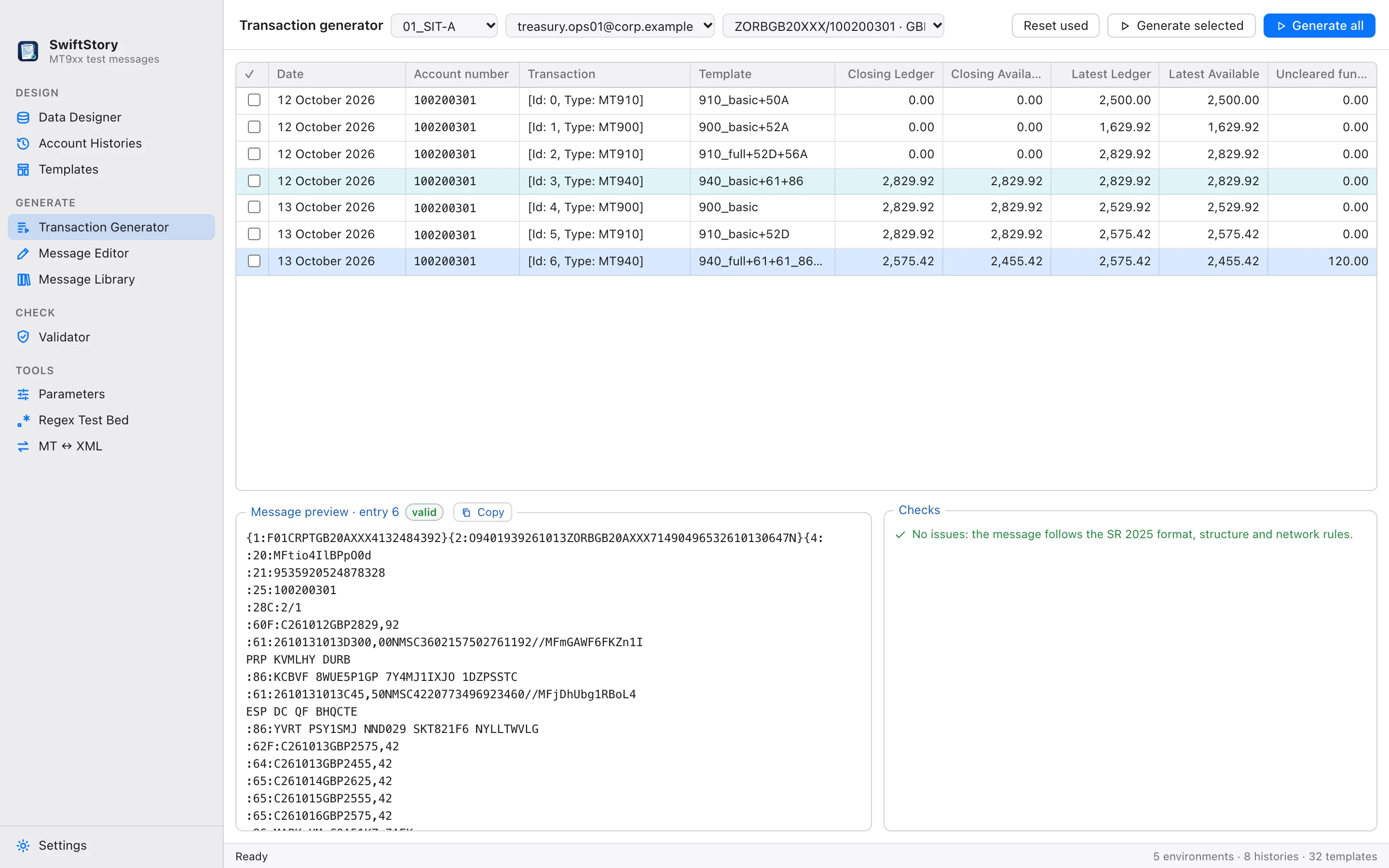 The transaction generator listing an account's history with balances and a message preview